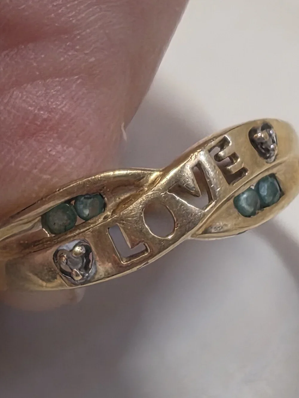10k Gold-Tone LOVE Accent Ring with Green and Clear Stones